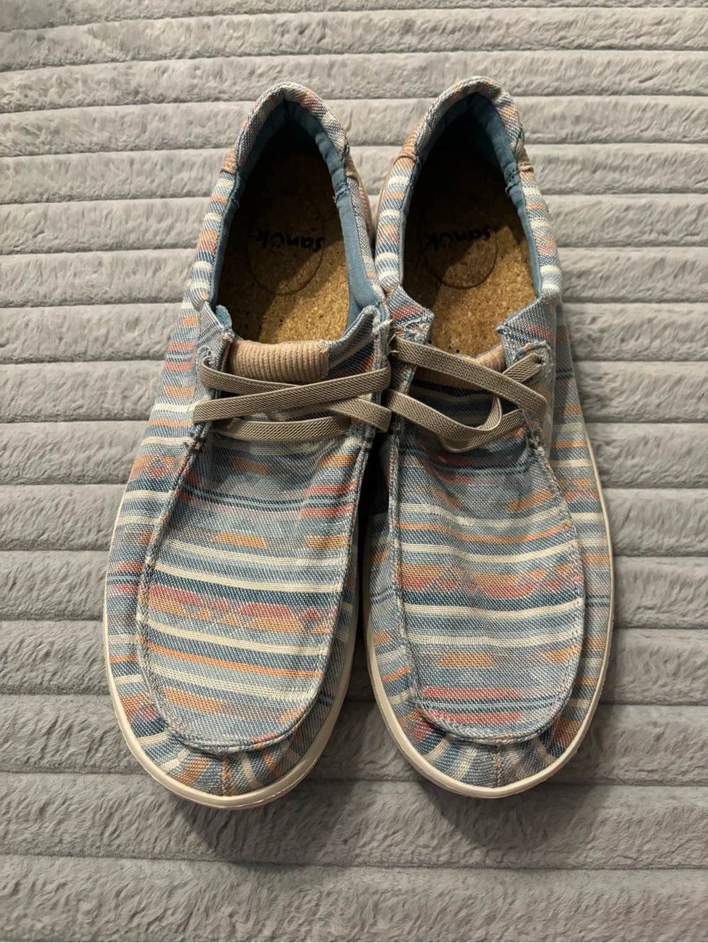 Men’s Sanuk Shaka Lite 2 Blanket Loafers Blue Multi-Stripe Pattern Size 13